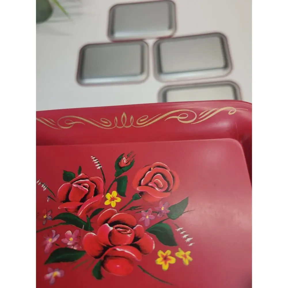 5 Retro Vintage Tip Trinket Trays, Red Rose Floral, Tin Snack Tidbit Cottagecore